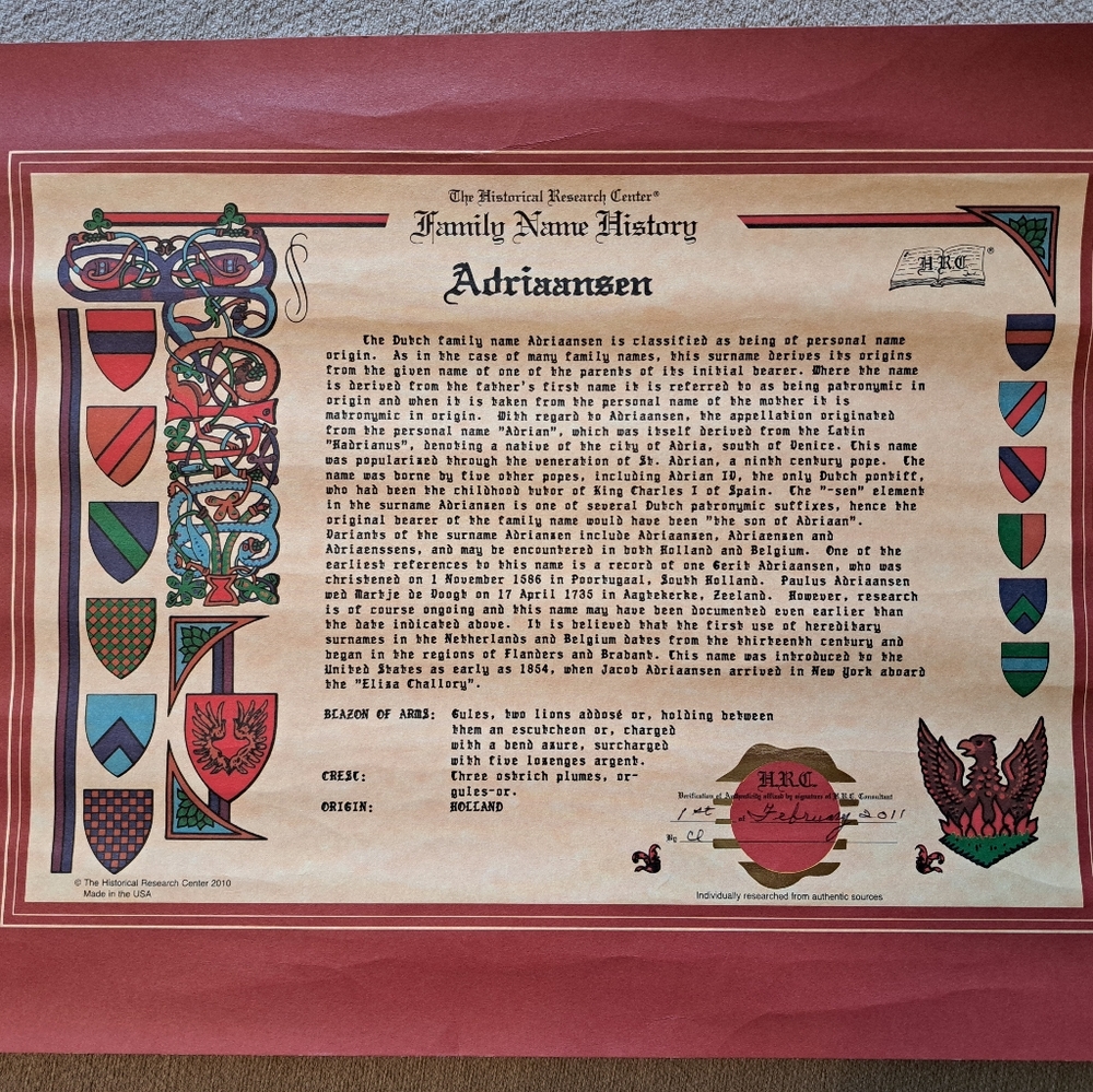 Adriaansen Family Name History Scroll